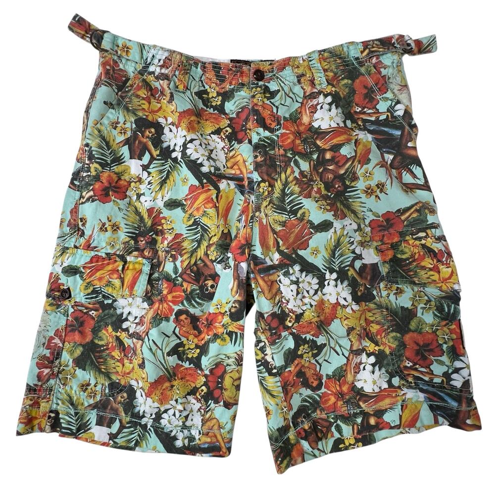 Akoo Cargo Shorts Men’s 36 Hawaiian Pin Up Tropical Graphic Cotton